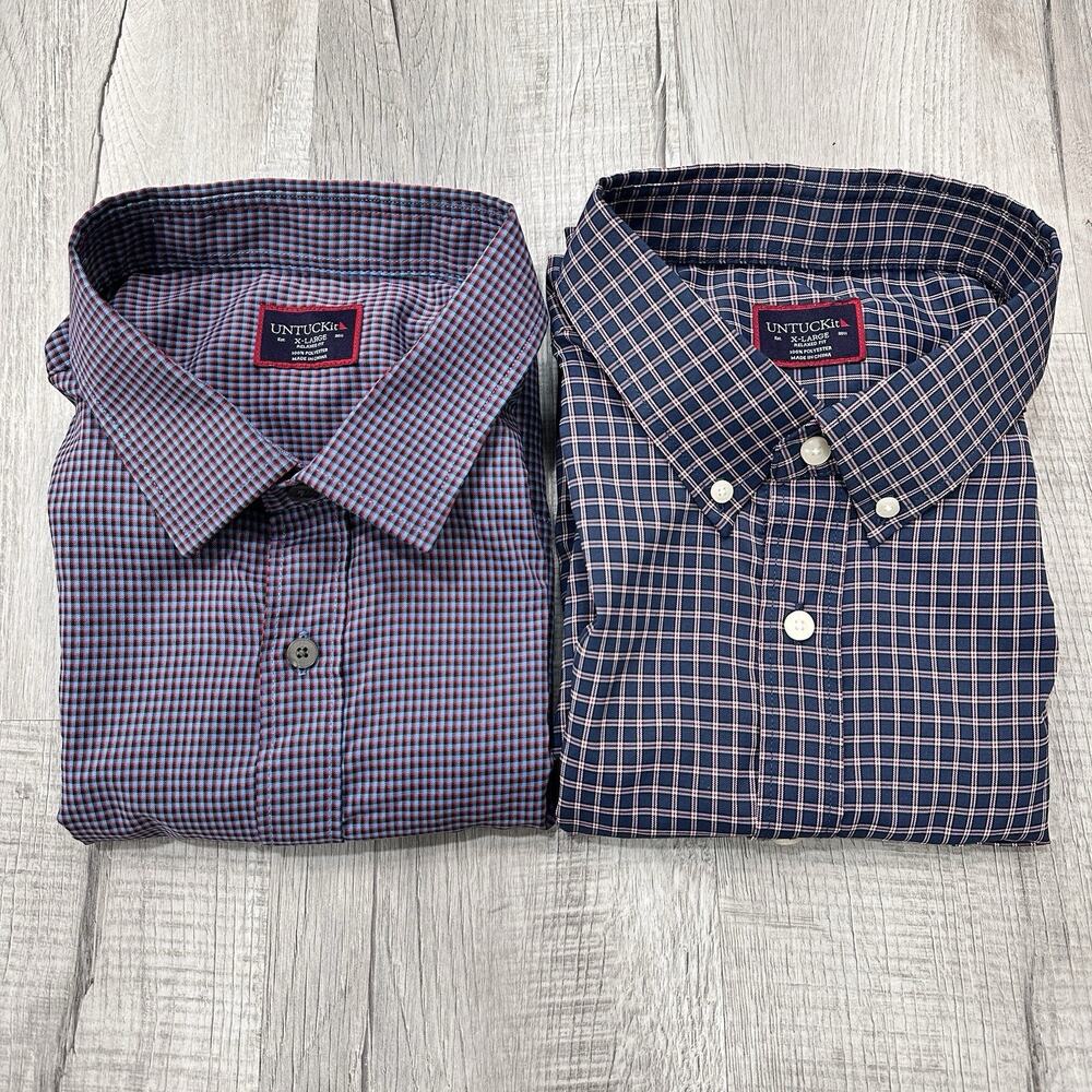 Lot Of 2 Untuckit Men’s XL Long Sleeve Shirt Relaxed Fit Button Down Blue Check